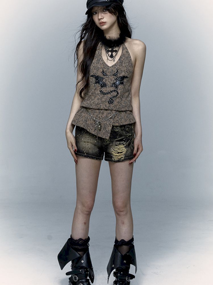 Embroidered Leopard Print Hanging Neck Vest Camisole【s0000009009】