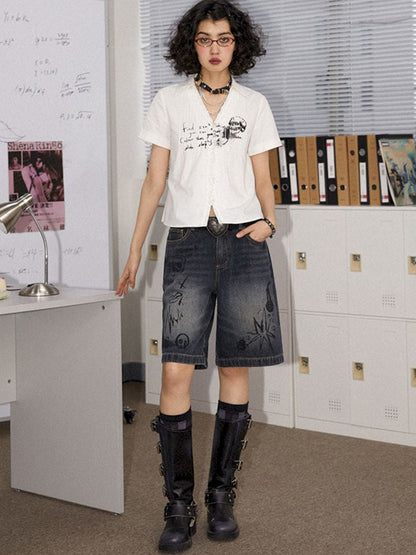 Printed Pinch Pleat Positive Shoulder Short Sleeve Shirt【s0000008834】