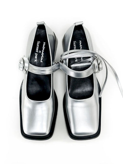 Silver Camellia Square Toe Mary Jane Leather Shoes【s0000006664】