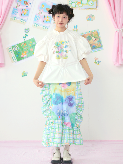 Lace Drawstring Bubble Sleeve White Tee【s0000009080】