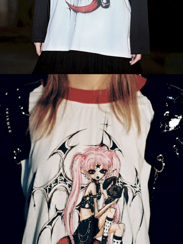 Witch Print T-Shirt with Placket Sleeve【s0000005020】