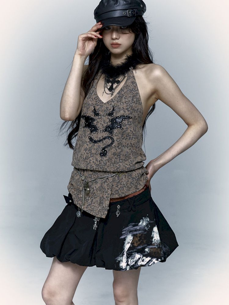 Embroidered Leopard Print Hanging Neck Vest Camisole【s0000009009】