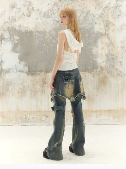 Washed and worn holes low-rise denim pants【s0000008391】