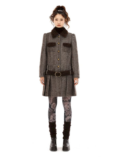 Tweed Single Breasted Coat Jacket Pleated Skirt【s0000006257】