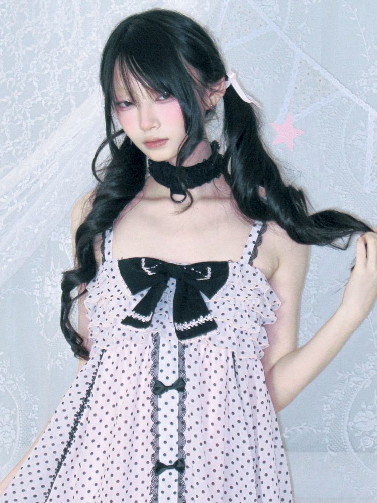 Polka dot strapless dress/chiffon bow jacket