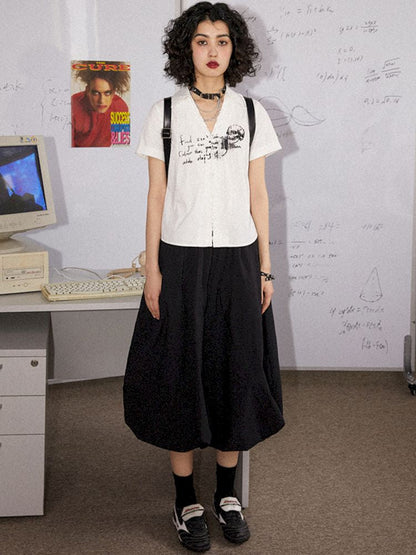 Printed Pinch Pleat Positive Shoulder Short Sleeve Shirt【s0000008834】