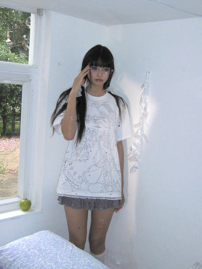 Black and white loose lace T-shirt【s0000009271】