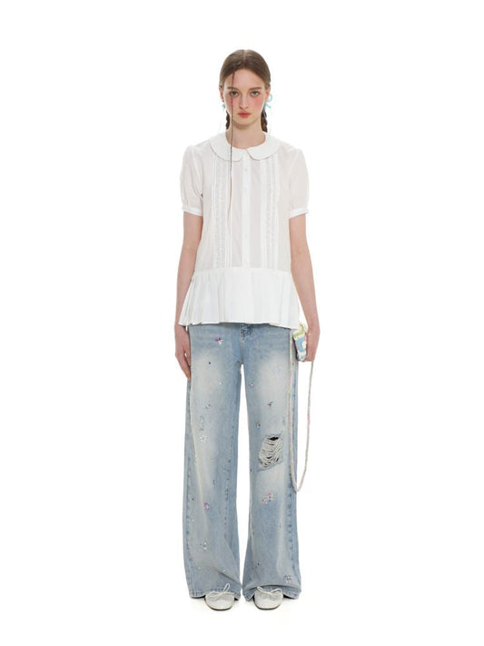 Lace short-sleeved white shirt【s0000008634】