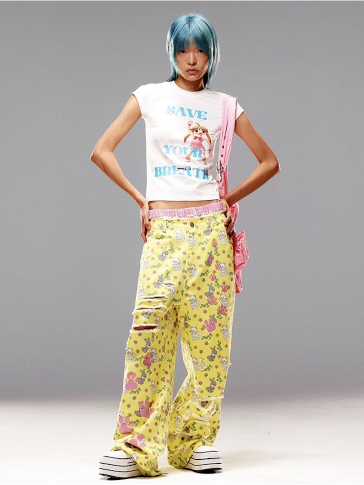 Cat Rabbit Printed Ripped Jeans【s0000008983】