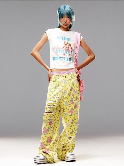 Cat Rabbit Printed Ripped Jeans【s0000008983】