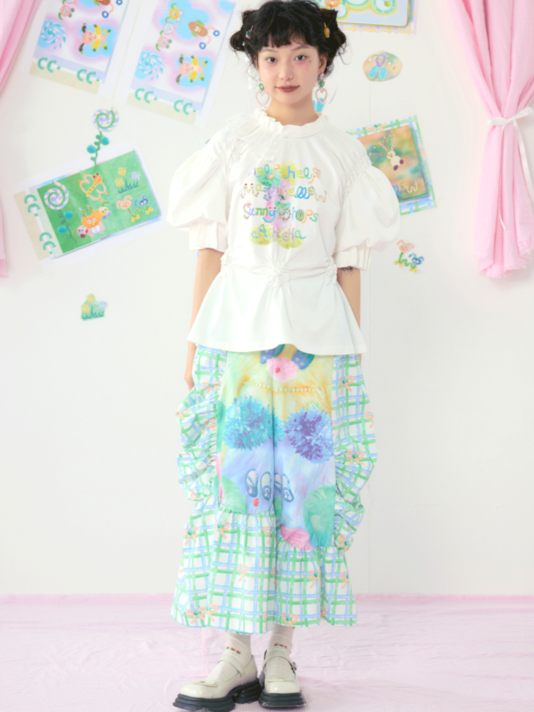 Lace Drawstring Bubble Sleeve White Tee【s0000009080】