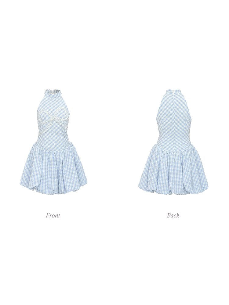 Plaid Pearl Bow Waisted Short Dress【s0000009318】