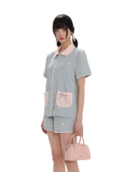 Lace Bow Embroidery Short Sleeve Shorts Pajama Set【s0000008661】