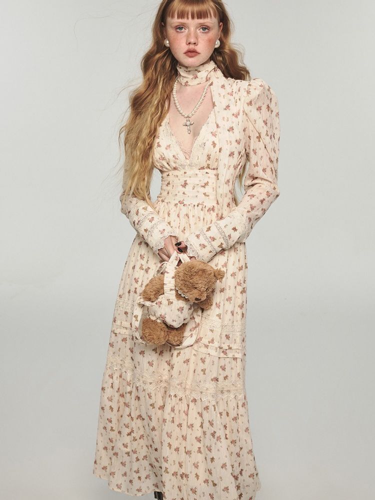 Retro bear floral lace waist long V-neck dresses【s0000004741】