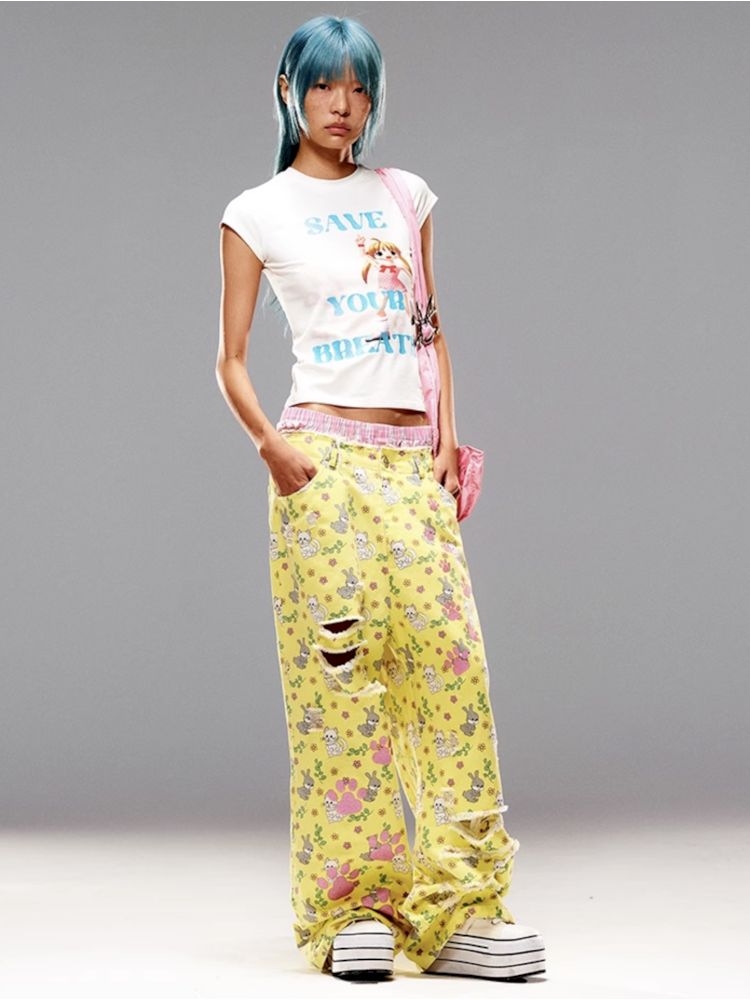 Cat Rabbit Printed Ripped Jeans【s0000008983】