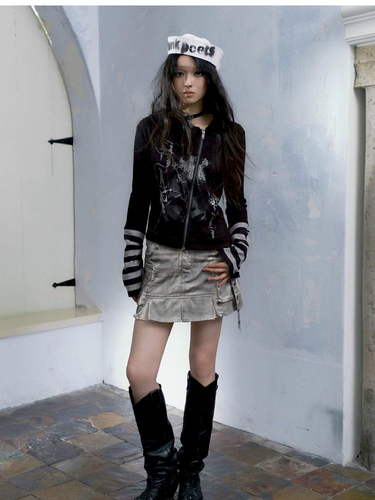 Skinny Dirty Wash Workwear Pleated Half Skirt【s0000005238】