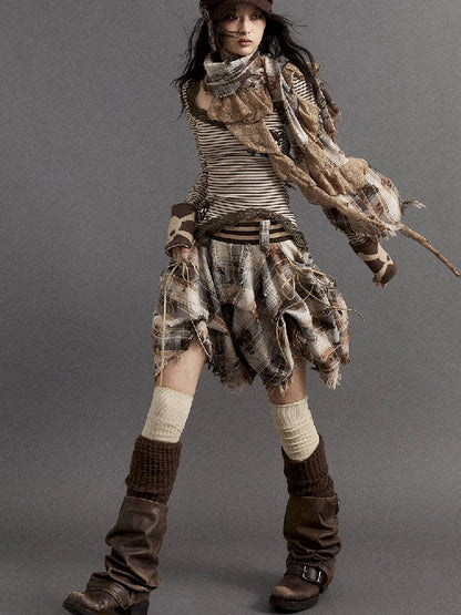 plaid irregular puffy skirt