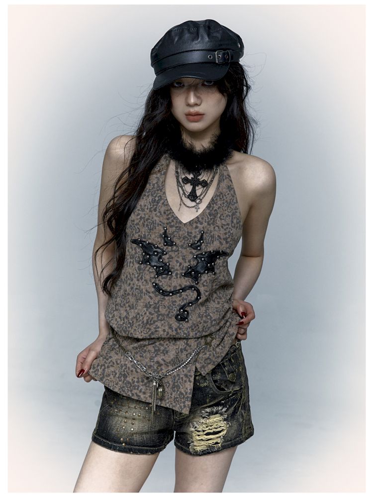 Embroidered Leopard Print Hanging Neck Vest Camisole【s0000009009】