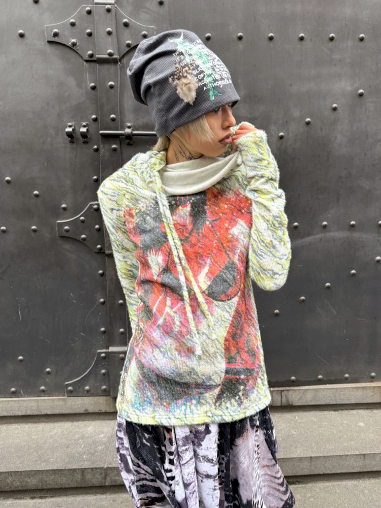 Printed Stacked Collar Drawstring Knit Sweater【s0000007656】