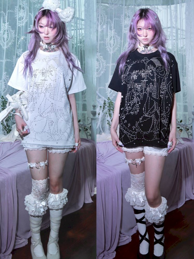 Black and white loose lace T-shirt【s0000009271】