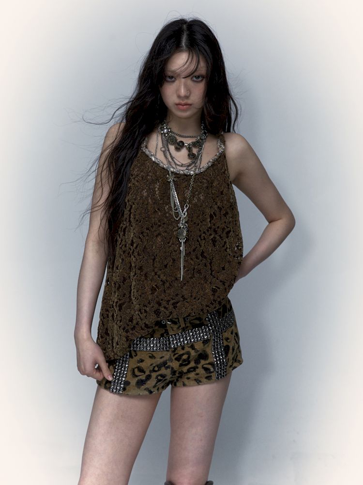 Slouchy Old Hollowed Out Loose Flocked Lace Vest【s0000008134】