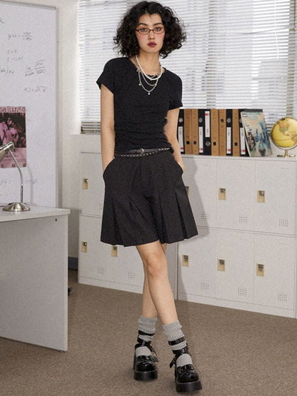 Round Lace Neck Jacquard Pleated Short Sleeve T-Shirt【s0000008850】