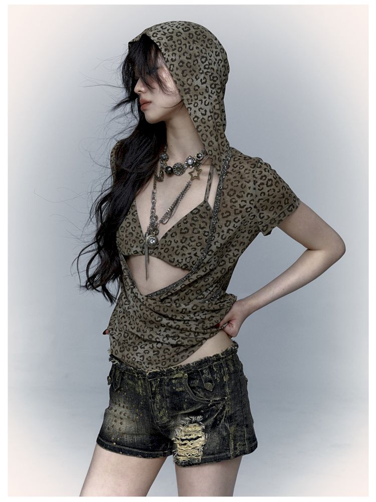 Metallic Leopard Mesh Hooded Hottie Short Sleeve T-Shirt【s0000008998】