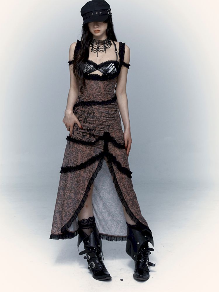 Street Rock Reversible Slim Leopard Mesh Long Dress【s0000008403】