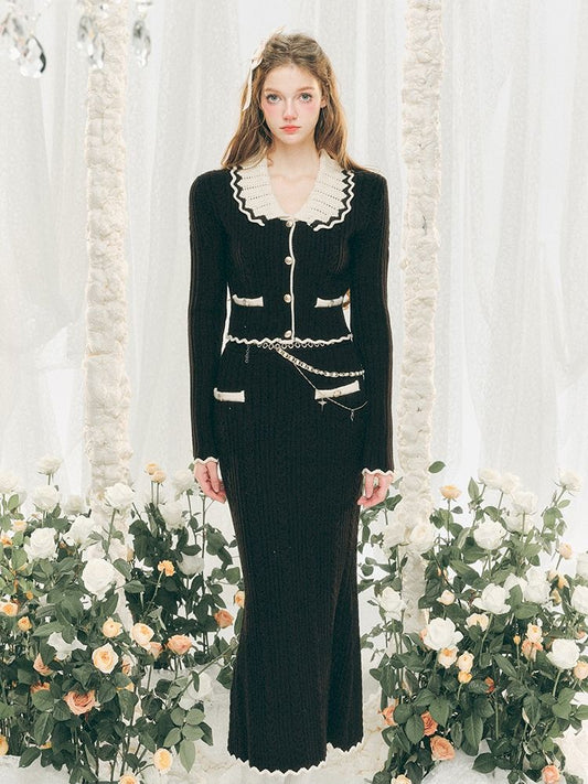 Knit Cardigan Wrap Hip Skirt Two Piece Chambray Set【s0000005286】