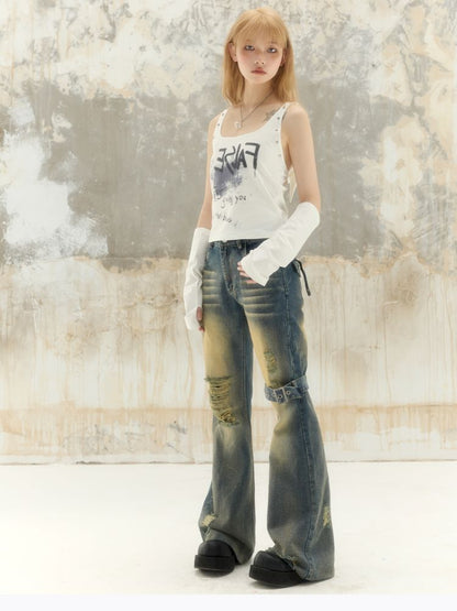 Washed and worn holes low-rise denim pants【s0000008391】