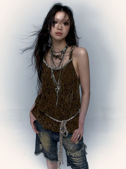 Slouchy Old Hollowed Out Loose Flocked Lace Vest【s0000008134】