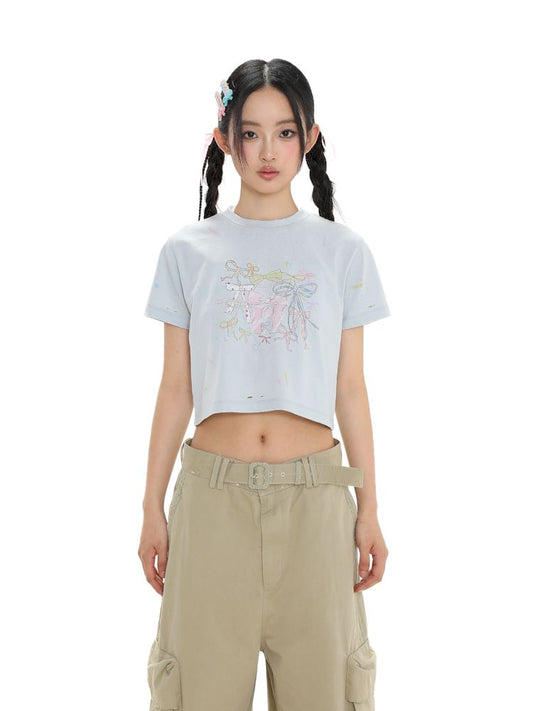 Fantasy colorful bow print short-sleeved T-shirt【s0000008639】
