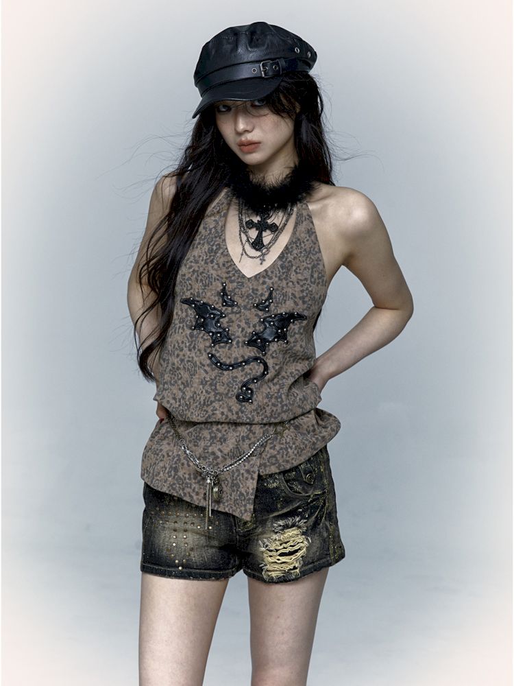 Embroidered Leopard Print Hanging Neck Vest Camisole【s0000009009】