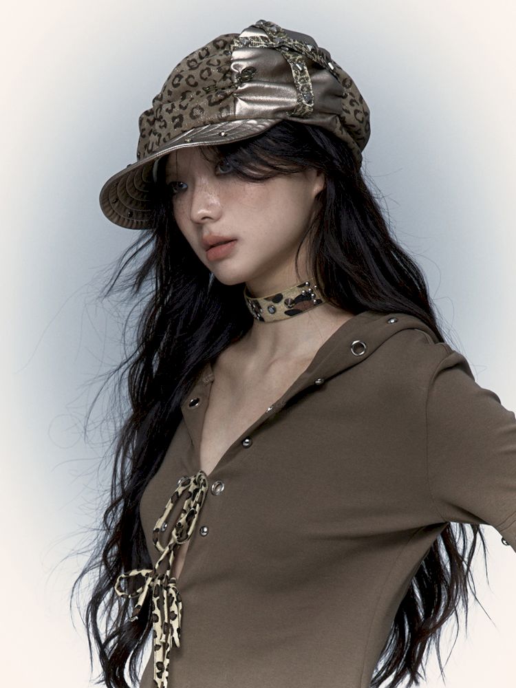 Punk Leopard Print Splicing Rivets Beret【s0000008999】