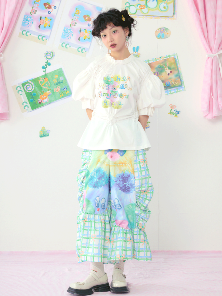 Lace Drawstring Bubble Sleeve White Tee【s0000009080】