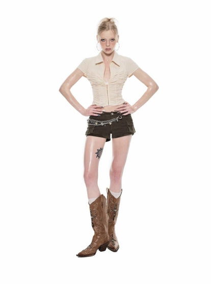 Studded Workwear Low Waisted Hipster Proportionate Shorts【s0000009429】