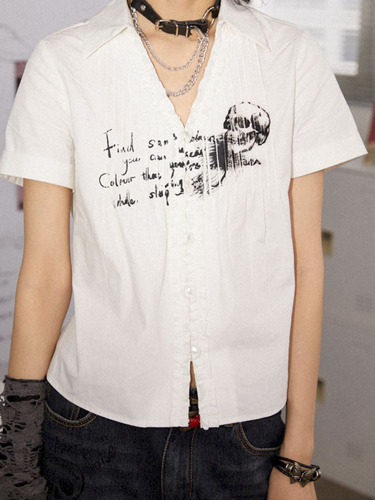 Printed Pinch Pleat Positive Shoulder Short Sleeve Shirt【s0000008834】