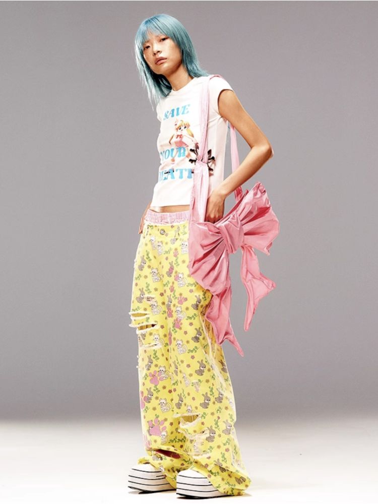 Cat Rabbit Printed Ripped Jeans【s0000008983】