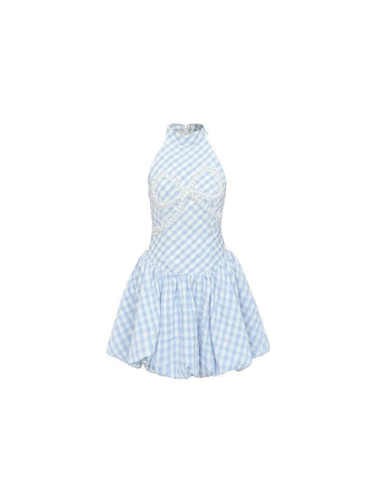 Plaid Pearl Bow Waisted Short Dress【s0000009318】