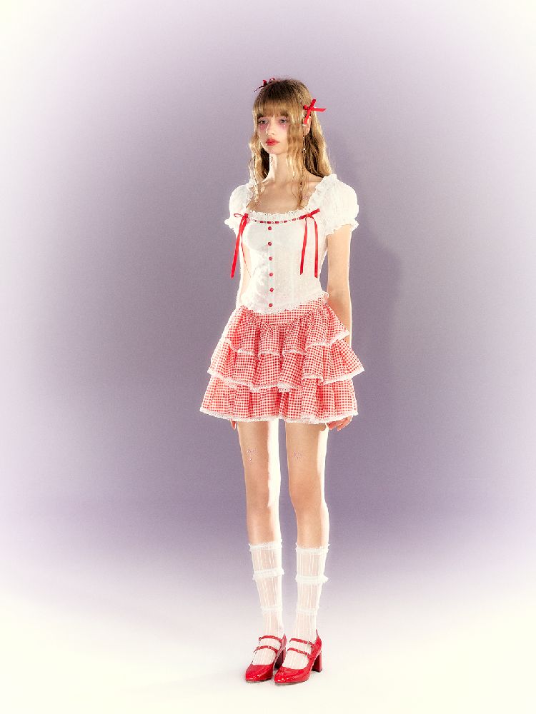 Red and white checkered bow lace set【s0000009315】