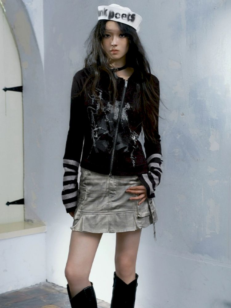 Skinny Dirty Wash Workwear Pleated Half Skirt【s0000005238】