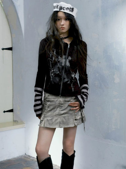 Skinny Dirty Wash Workwear Pleated Half Skirt【s0000005238】