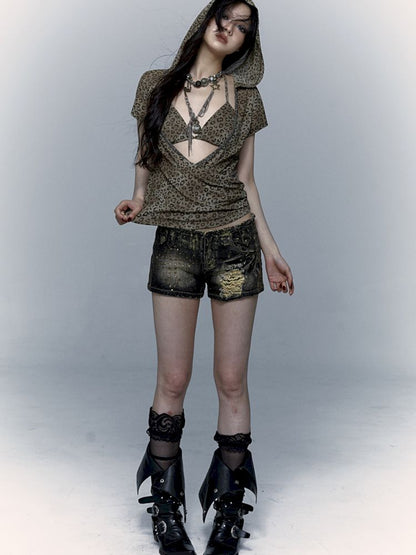 Metallic Leopard Mesh Hooded Hottie Short Sleeve T-Shirt【s0000008998】