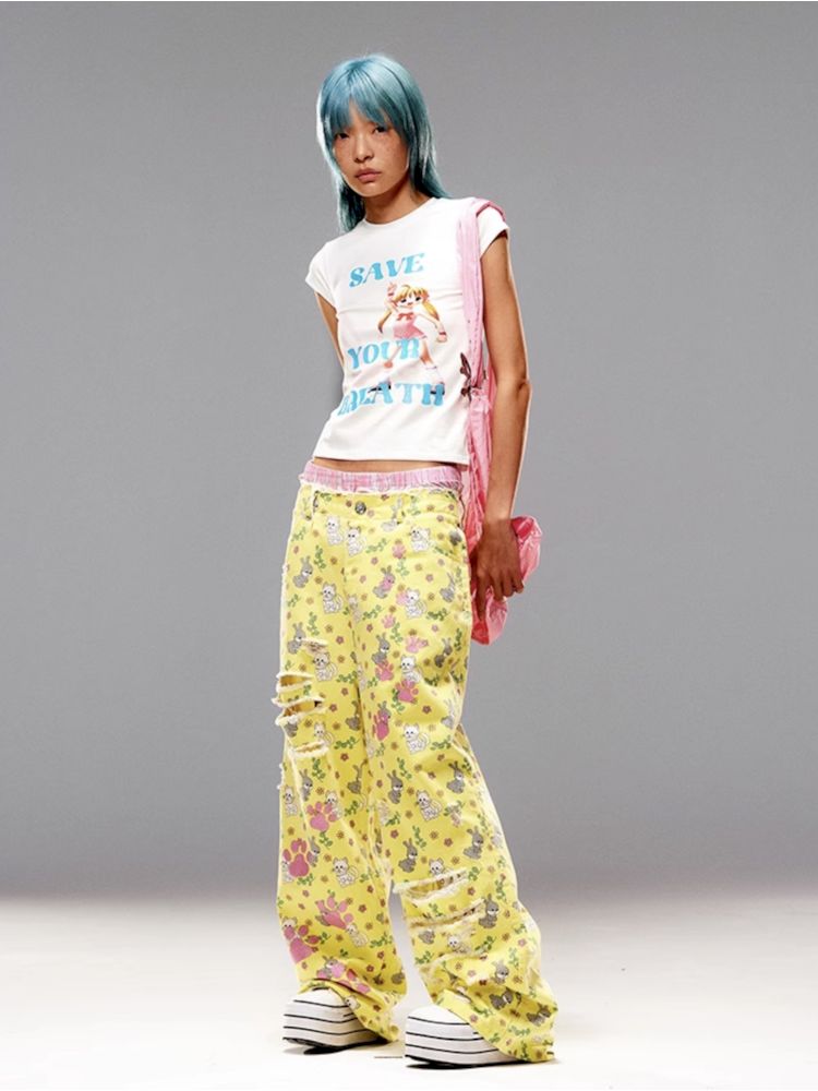 Cat Rabbit Printed Ripped Jeans【s0000008983】