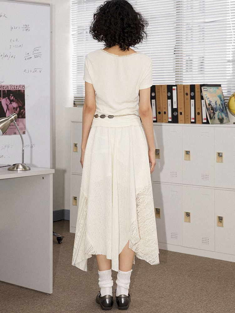 Round Lace Neck Jacquard Pleated Short Sleeve T-Shirt【s0000008850】