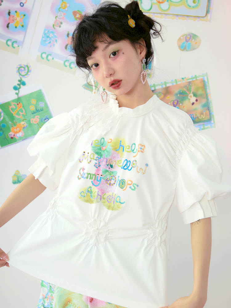 Lace Drawstring Bubble Sleeve White Tee【s0000009080】