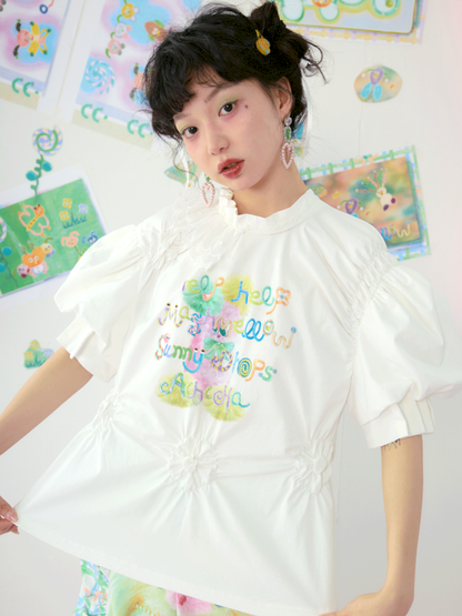 Lace Drawstring Bubble Sleeve White Tee【s0000009080】