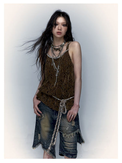 Slouchy Old Hollowed Out Loose Flocked Lace Vest【s0000008134】