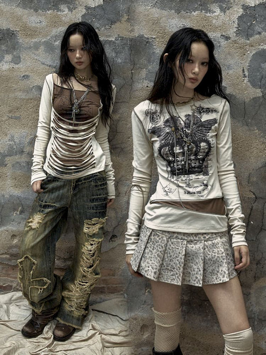 long-sleeved printed T-shirt