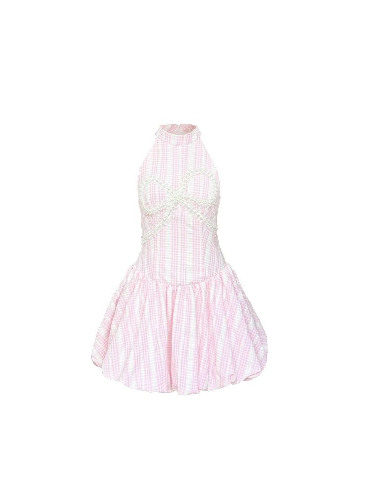 Gingham Pearl Bow Waisted Short Skirt Dress【s0000009319】